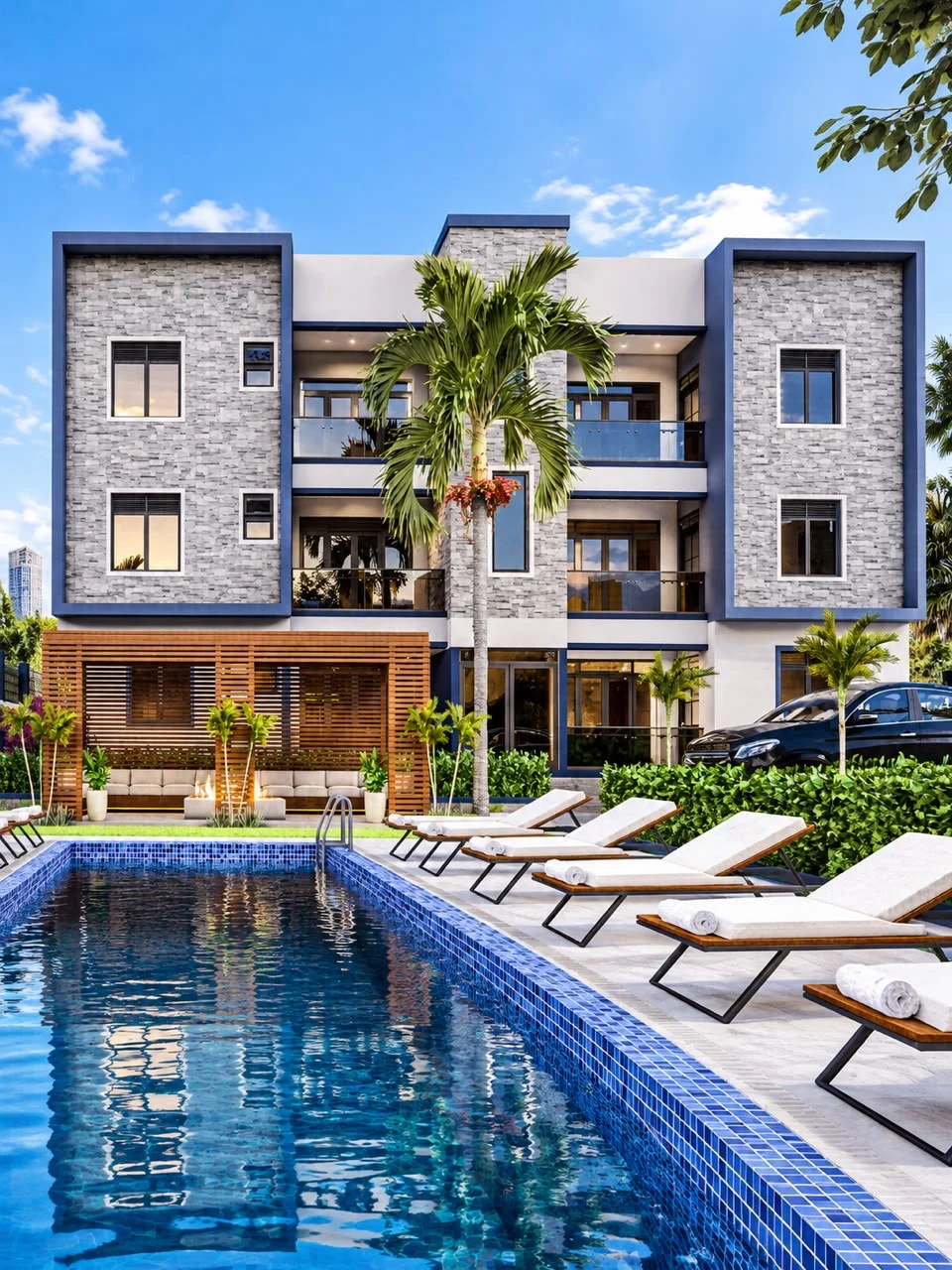 A residential design visual exploring balconies, a pool and shared outdoor space.