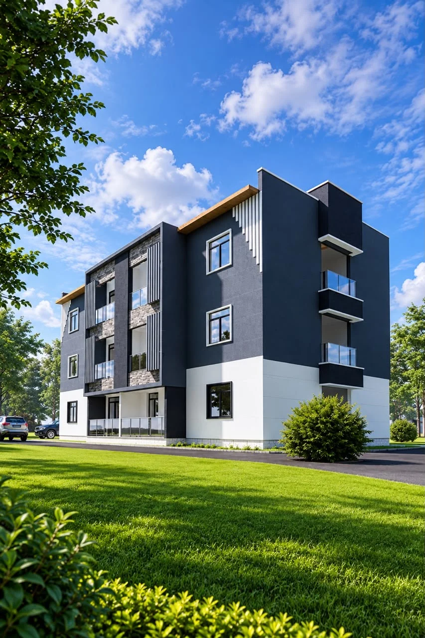 A exterior visual with a compact building form, balconies and landscape setting.