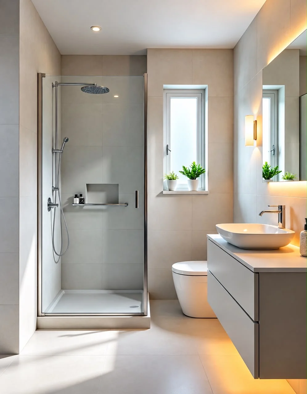 A interior visual exploring shower glazing, natural light and neutral finishes.