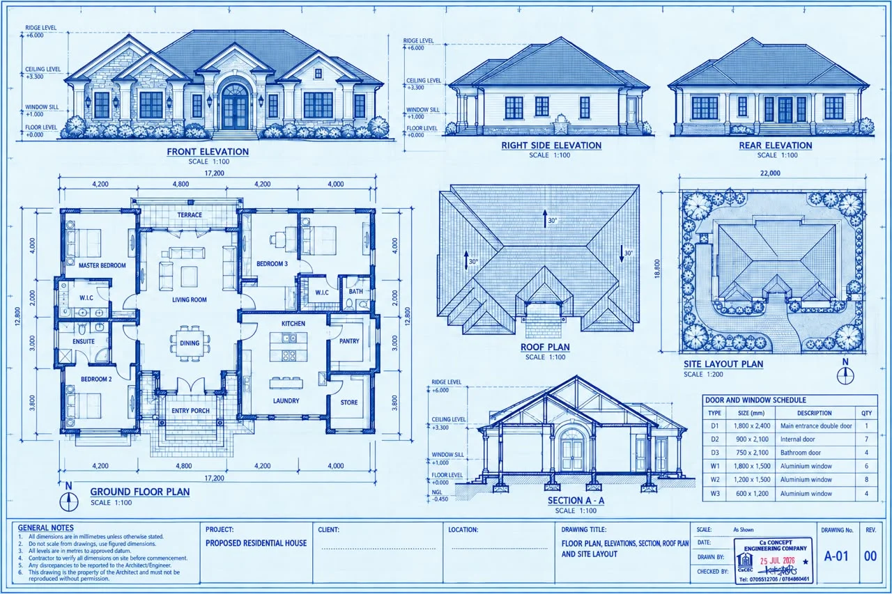 A drawing sheet bringing together floor plans, elevations and building sections.