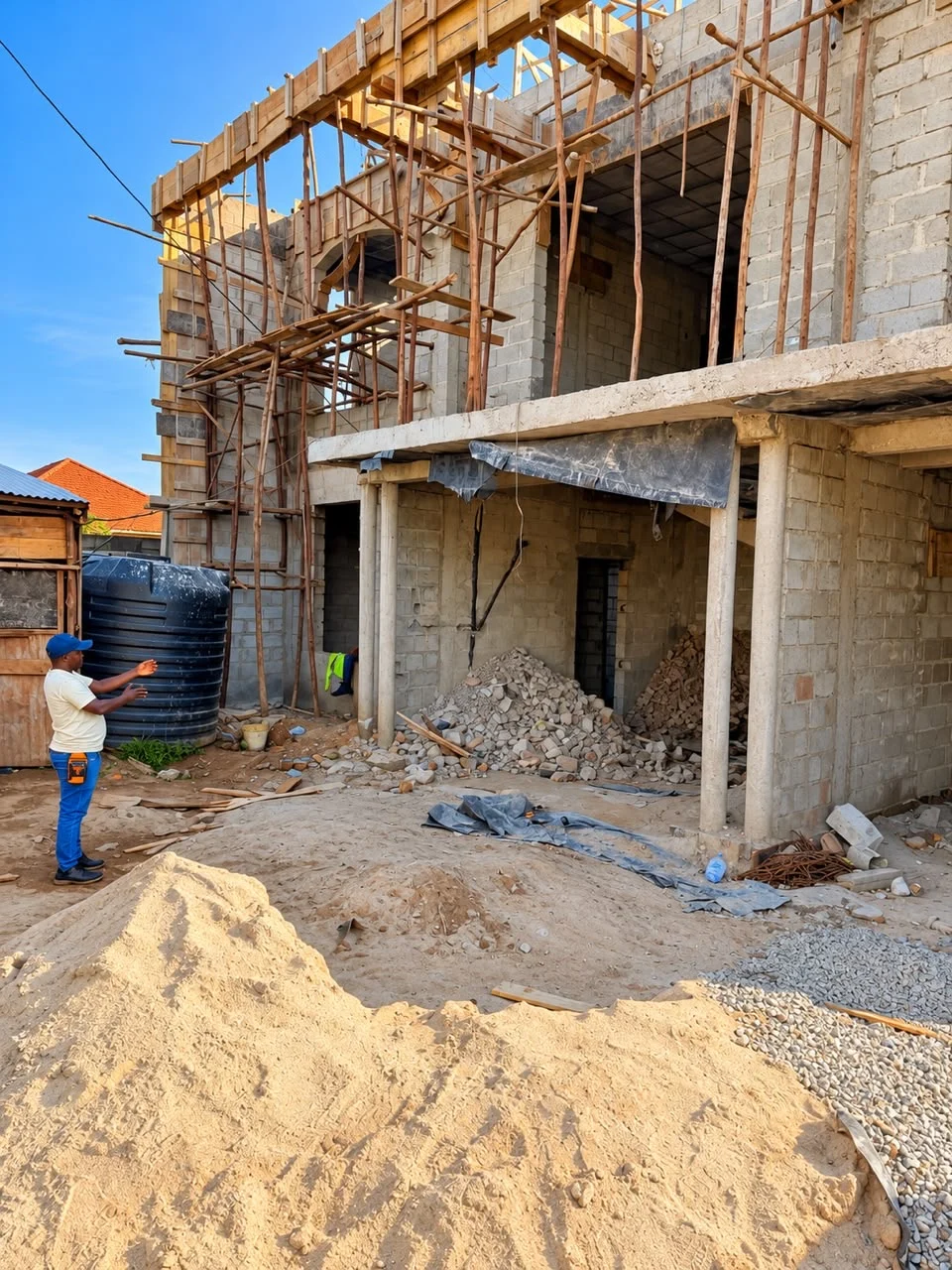 A closer site view showing masonry, temporary access and structural work.