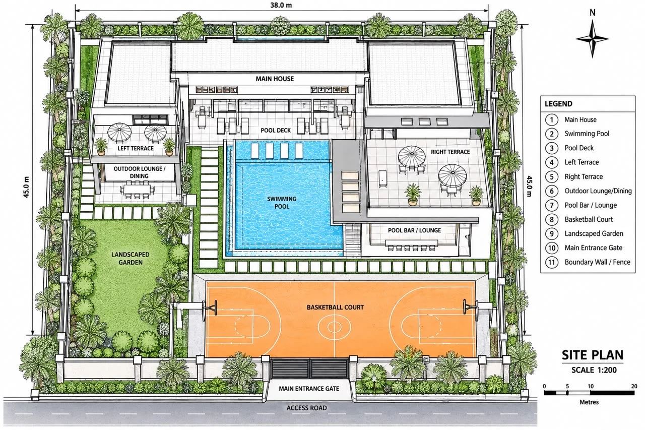 A site plan showing building placement, landscaping and outdoor amenities.